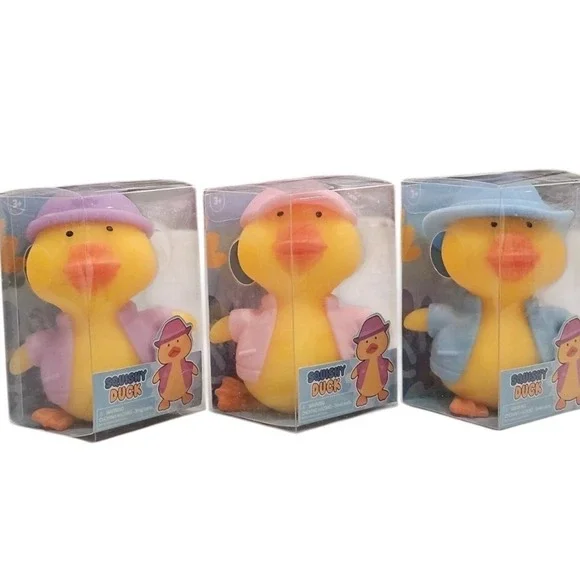 Set of 3 Squishy Duck Sensory Toys Pink Blue Purple Hat and Jacket 3+ - Picture 1 of 12